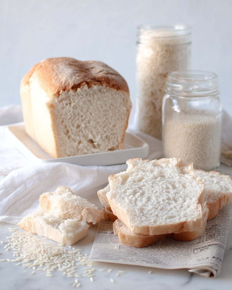 A soft loaf of white bread sits on a white rectangular plate in the back, showing a light golden-brown crust on top with a fluffy, pale beige inside. In front of the plate, a thick slice of the bread lies flat on a piece of newspaper, revealing its airy, spongy texture with small holes. Next to it are two smaller torn pieces, revealing the soft inside more clearly with a light crust edge. To the left, uncooked white rice grains scatter on the white marbled surface, while behind the bread are two glass jars, one taller and filled with rice and the other shorter filled with a light brown grain. A soft white cloth sits under and around the jar on the left, adding a gentle touch to the light, airy setting. Photo taken with an iphone --ar 4:5 --v 7
