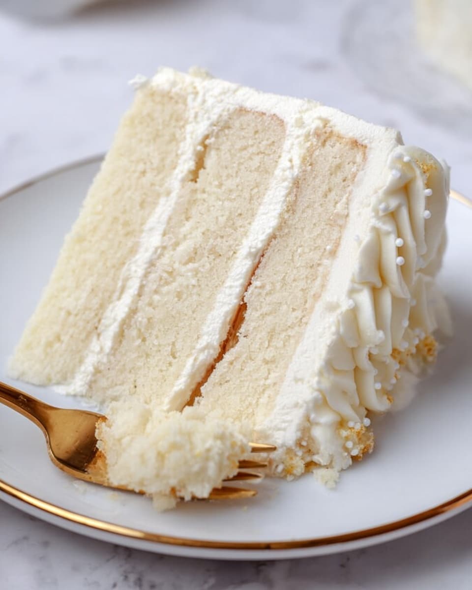 A slice of three-layer white cake with smooth white frosting between each layer and on the outside is being lifted from the whole cake. The cake has a white drip effect of icing running down the sides, and the top is decorated with large swirled rosettes of white frosting and sprinkled with small silver and gold sprinkles. The cake sits on a white plate on a white marbled surface, and in the background, a person dressed in black is holding the slice. Photo taken with an iphone --ar 4:5 --v 7