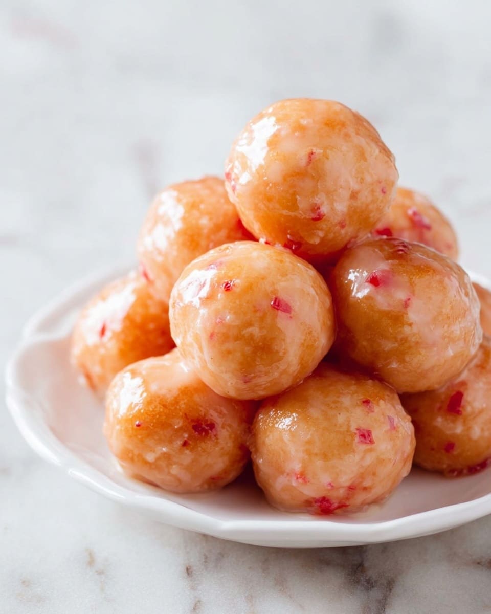 A white plate holds a small stack of round, light orange glazed doughnut holes with small red bits inside them, giving a slightly shiny, smooth texture to their surface. The doughnut holes are piled close together and have a moist look, with the glaze catching soft light on their curves. The background is a soft white marbled texture, adding a clean and subtle contrast to the warm colors of the doughnut holes. photo taken with an iphone --ar 4:5 --v 7