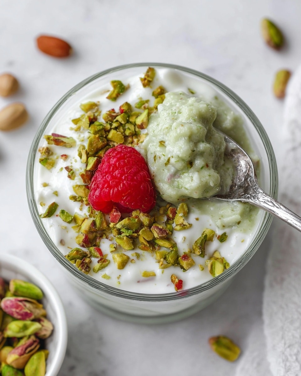 A transparent glass bowl shows a layered dessert with creamy white yogurt filling most of the bowl. On top, there is a bright red raspberry near the center, surrounded by a ring of chopped green pistachios scattered over the yogurt. A silver spoon holds a scoop of thick, light green pudding mixed with a bit of the white yogurt, partially dipping into the bowl from the right side. The bowl sits on a white marbled surface, with some whole pistachios in a white bowl visible in the lower left corner and a few shelled pistachios closer to the top right corner. Photo taken with an iphone --ar 4:5 --v 7