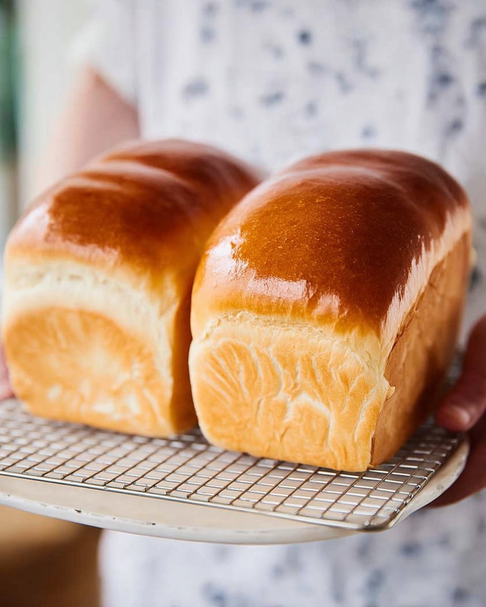 A close-up image showing two golden brown bread loaves with shiny, smooth tops, side by side on a white wire cooling rack placed over a white plate; the bread crust transitions from a rich golden top to a soft, pale bottom with visible light swirl patterns. A woman's hand can be seen on each side gently holding the wire rack. The background has a soft focus, featuring a white marbled texture. photo taken with an iphone --ar 4:5 --v 7