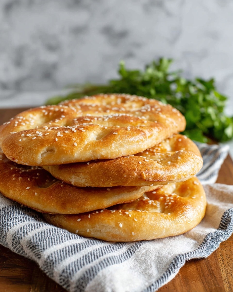 The image shows a stack of golden brown flatbreads with a shiny surface sprinkled with sesame seeds. The bread pieces have a round, slightly puffy shape with visible dimples pressed into the top, giving a textured look. The flatbreads are layered unevenly on a folded white cloth with gray stripes, which lies on a wooden surface. In the background, there is a small bunch of green leafy herbs, blurred softly, and the scene is set against a white marbled textured backdrop. photo taken with an iphone --ar 4:5 --v 7