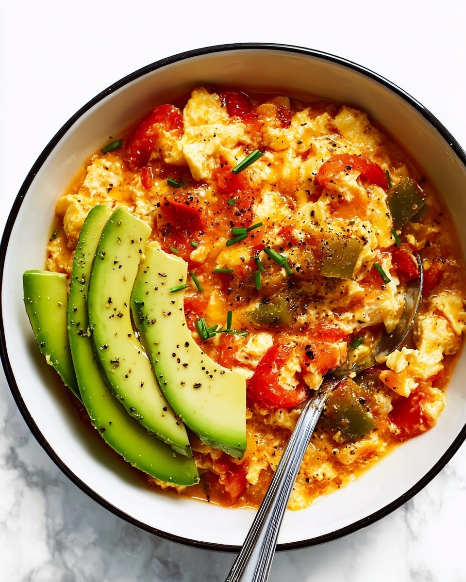 The dish is served in a white bowl with a black rim, containing a colorful mixture of cooked vegetables and eggs. There are three bright green slices of avocado placed neatly on one side of the bowl, lightly seasoned with black pepper. The main part of the dish shows a chunky stew-like texture with visible pieces of red tomatoes and green bell peppers, mixed with scrambled egg bits that add a creamy yellow and white color. Small green chives are scattered on top, adding a touch of freshness, and there is a silver spoon resting in the bowl, partially dipped in the food. The whole scene is set on a white marbled surface. photo taken with an iphone --ar 4:5 --v 7