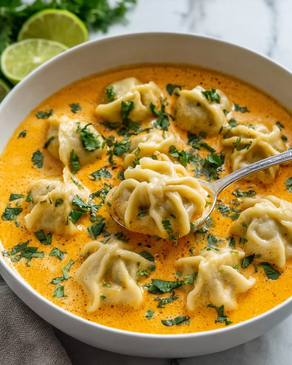 A white bowl filled with a creamy orange soup that covers about one and a half layers of light beige dumplings with ruffled edges. Bright green chopped cilantro pieces are sprinkled over the dumplings and soup, adding contrast. A silver spoon scoops up one dumpling near the top right of the bowl. The background shows a blurred white marbled surface with a cut lime and some leafy herbs. Photo taken with an iphone --ar 4:5 --v 7