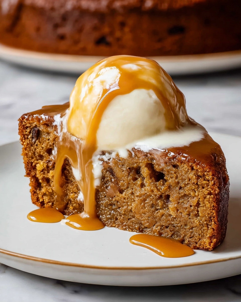 A slice of moist, brown cake with a slightly rough texture sits on a white plate, topped with a smooth scoop of creamy white ice cream. Warm caramel sauce in a rich golden-brown color drips slowly down the sides of the cake, pooling slightly on the plate. The cake has small darker specks inside, hinting at nuts or spices, and the background shows a rich caramel surface blurred out behind the plate, all placed on a white marbled texture. Photo taken with an iphone --ar 4:5 --v 7