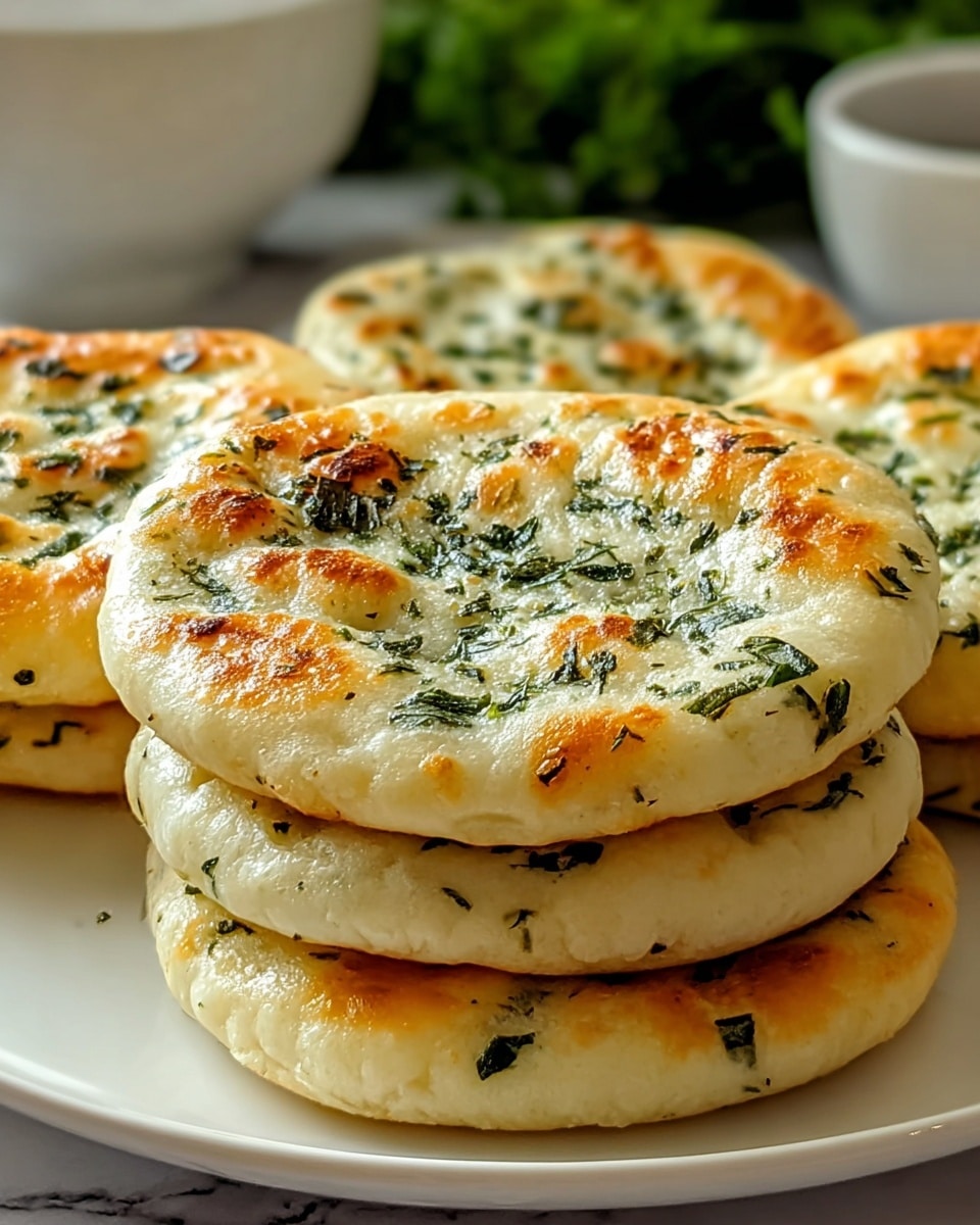 A close-up view of five round, golden-brown flatbreads stacked on a white plate, each with visible green herb pieces baked into the soft, slightly puffy dough. The flatbreads show a textured surface with some spots browned from cooking, giving a warm and fresh appearance. The flatbreads have a light, fluffy texture with the herbs evenly spread inside and on top, suggesting a savory flavor. The background shows a soft focus with green leaves and part of a white bowl, all set on a white marbled surface. photo taken with an iphone --ar 4:5 --v 7