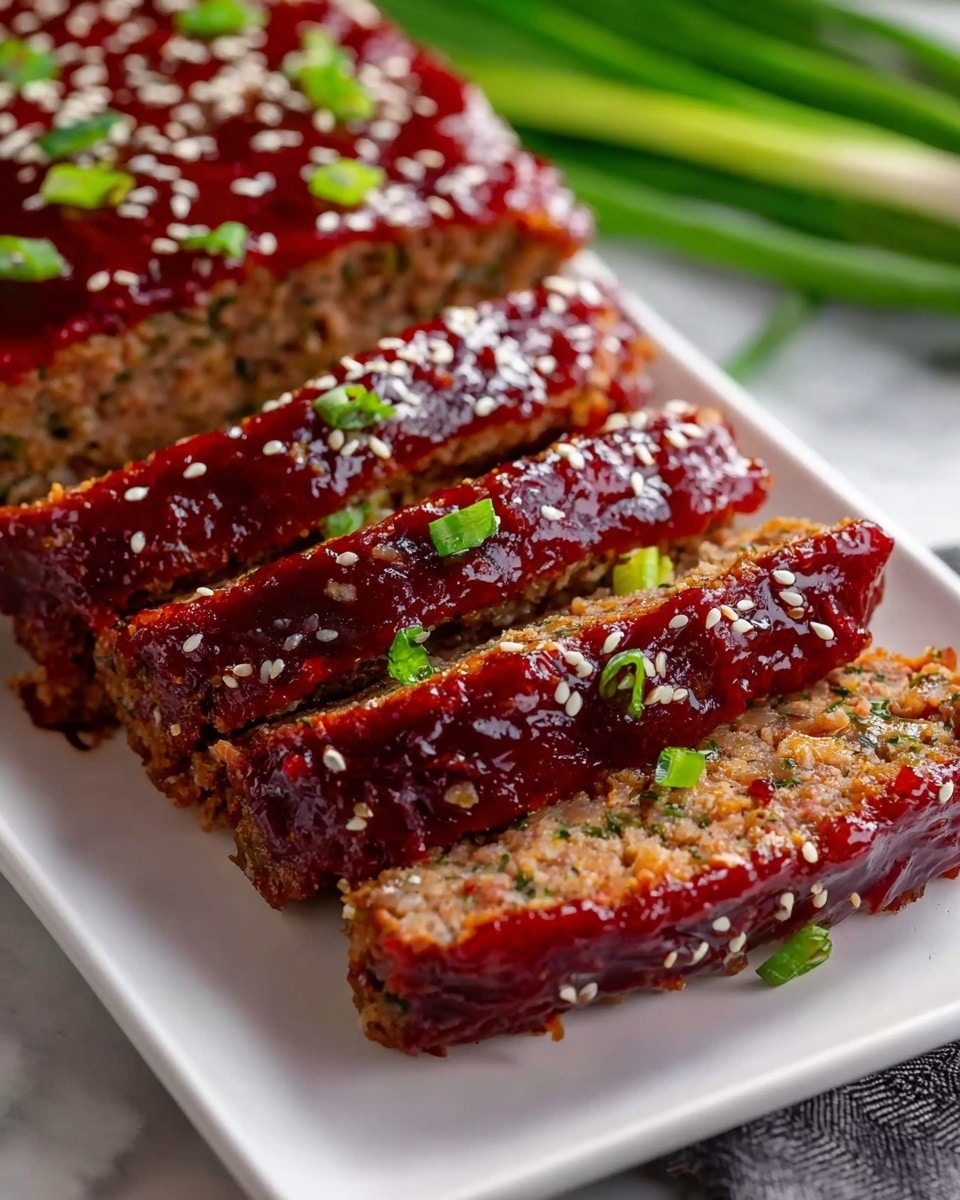 A white rectangular plate holds a glazed meatloaf sliced into four thick pieces. Each slice has a shiny, dark red glaze on top, sprinkled with white sesame seeds and small green onion bits. The inside of the meatloaf is a textured brown with visible herbs and small green flecks. The slices are slightly curved, showing the layers of moist meat beneath the sticky glaze. The plate rests on a white marbled textured surface with blurred green onion stalks in the background. Photo taken with an iphone --ar 4:5 --v 7