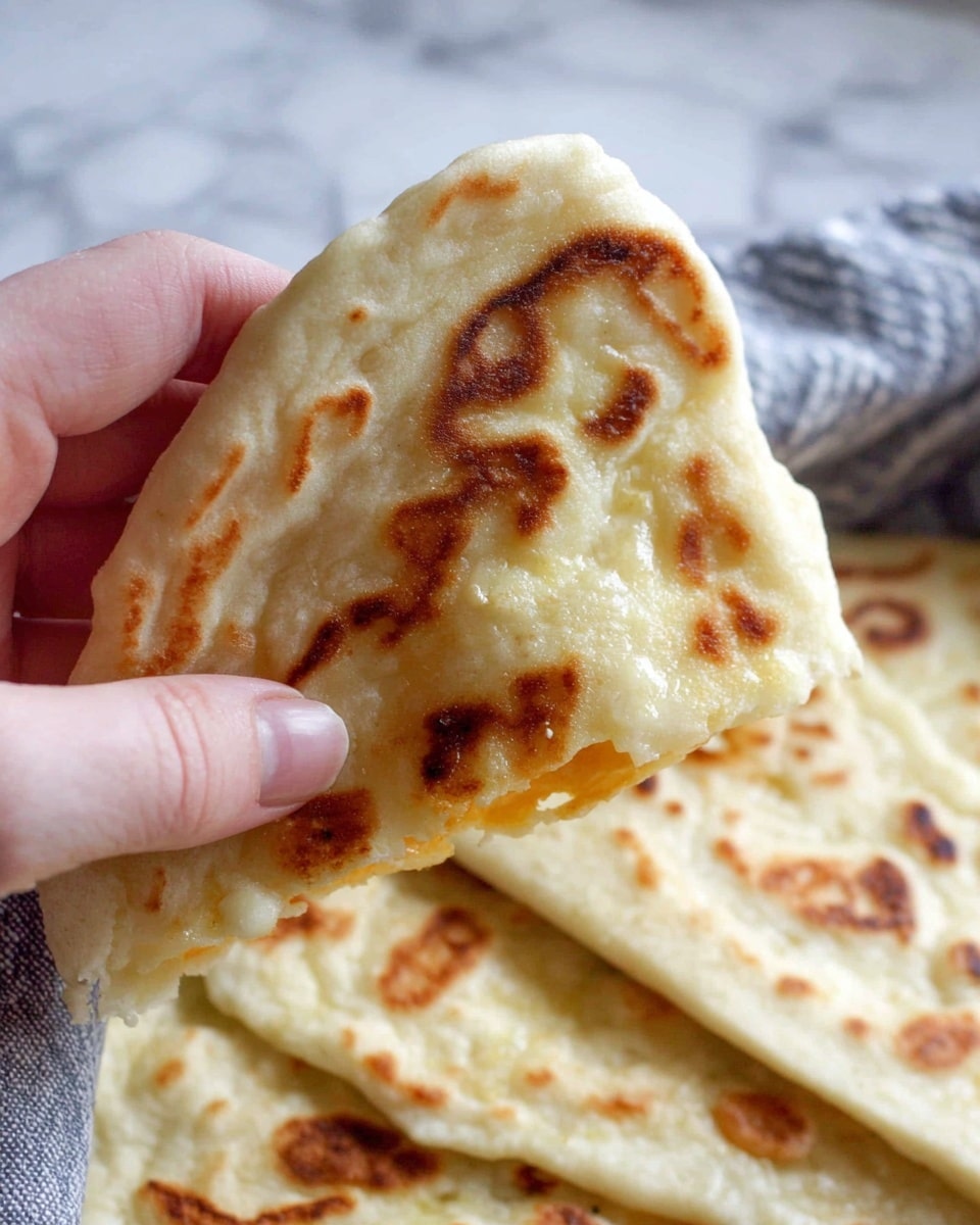 A close-up image shows a woman's hand holding a folded flatbread with toasted brown spots on the light cream surface, revealing a glimpse of melted orange cheese inside. Below, the flatbread rests on more pieces with a soft, airy texture and similar toasty marks. The background features a white marbled texture. photo taken with an iphone --ar 4:5 --v 7