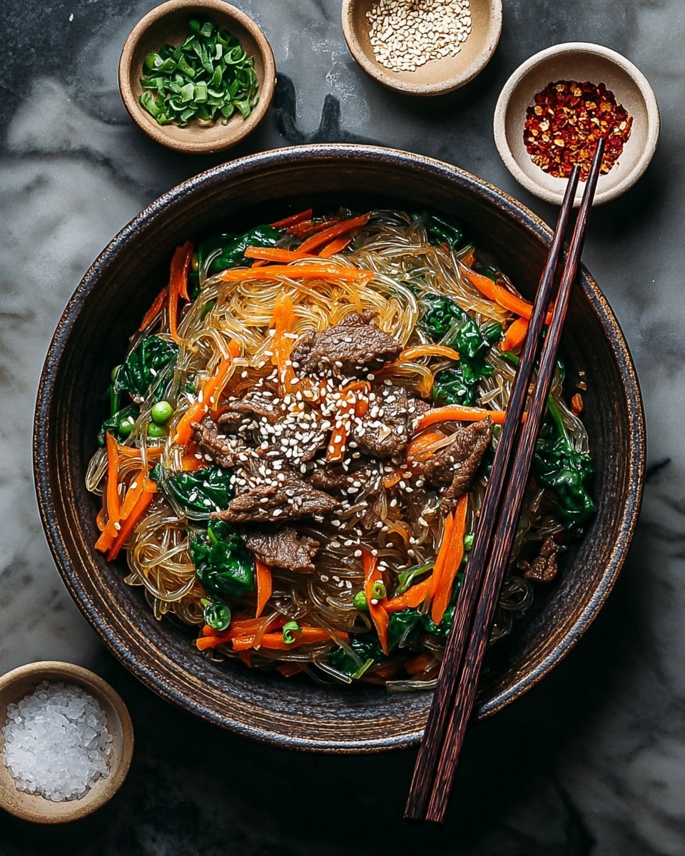 A bowl holds a layered noodle dish starting with a base of thin, translucent glass noodles that have a slight shine. On top, there are small pieces of cooked brown beef, sliced thin. Mixed in are bright orange carrot strips, green peas, and leafy dark green spinach, giving a colorful contrast. The dish is sprinkled with white sesame seeds. A pair of dark wooden chopsticks rest diagonally across the bowl. Small bowls with coarse salt, green herbs, and crushed red pepper surround the main bowl, all placed on a white marbled texture. photo taken with an iphone --ar 4:5 --v 7