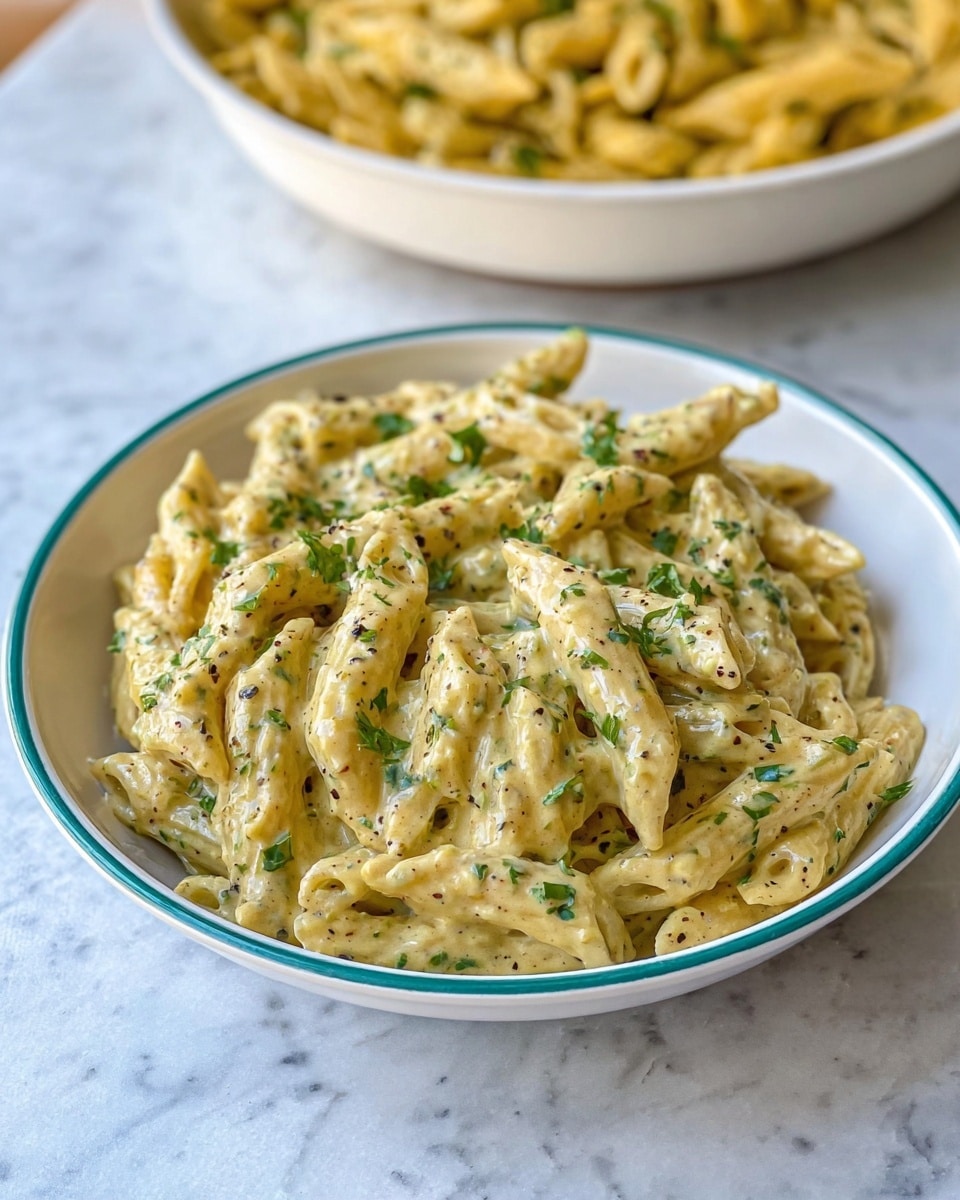 A white bowl with a thin green rim holds a serving of creamy penne pasta, coated in a thick, pale yellow sauce speckled with green herbs and black pepper. The pasta shapes are well-coated and slightly glossy, with small chopped parsley pieces scattered evenly on top. In the background, a deep dish filled with more creamy penne pasta sits out of focus against a white marbled surface. photo taken with an iphone --ar 4:5 --v 7