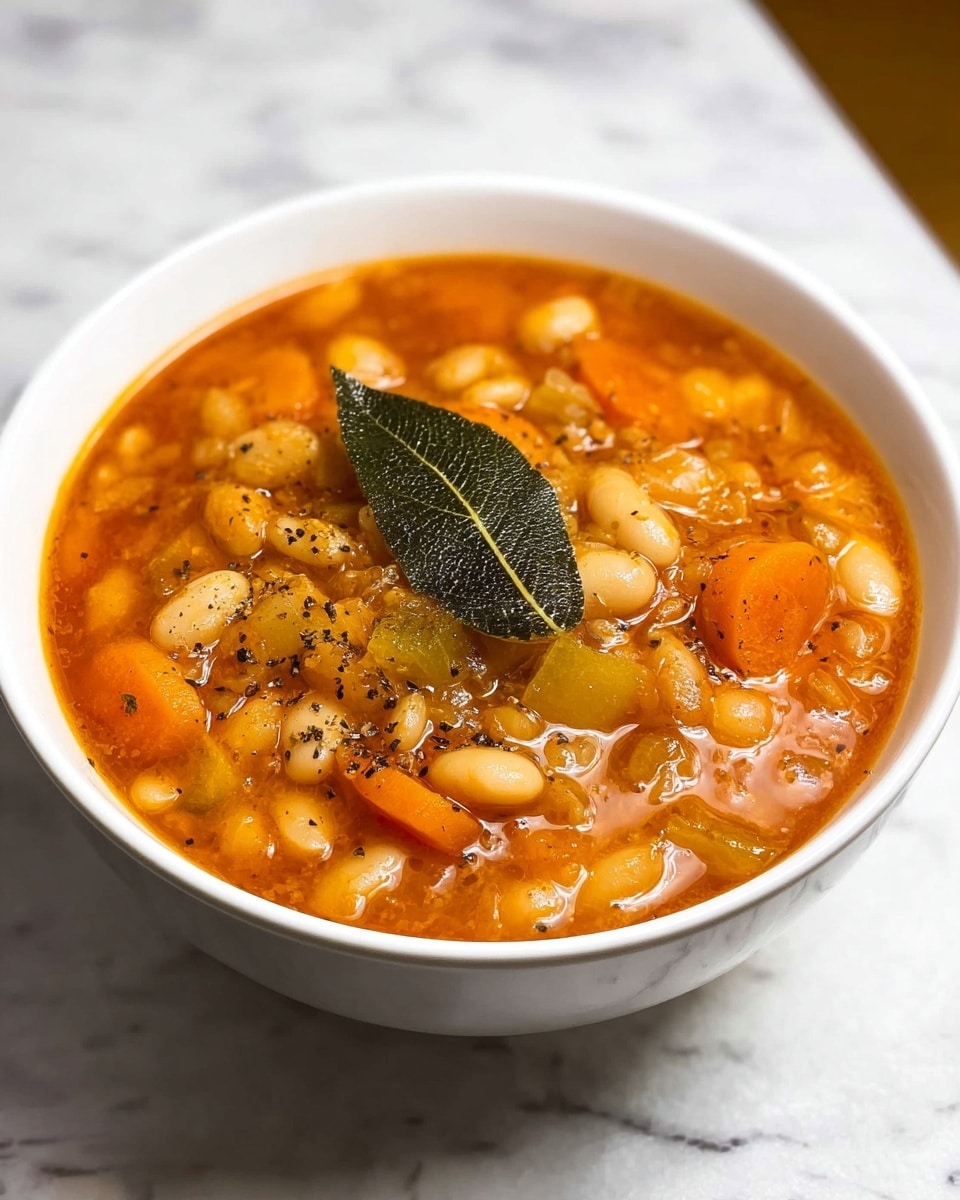 A white bowl filled with thick soup containing white beans, sliced orange carrots, and small pieces of translucent celery, all cooked in a rich, reddish-orange broth with visible herbs and spices. On top, there is a glossy dark green bay leaf placed centrally, and black pepper flakes sprinkled over the surface. The bowl is placed on a white marbled texture. photo taken with an iphone --ar 4:5 --v 7