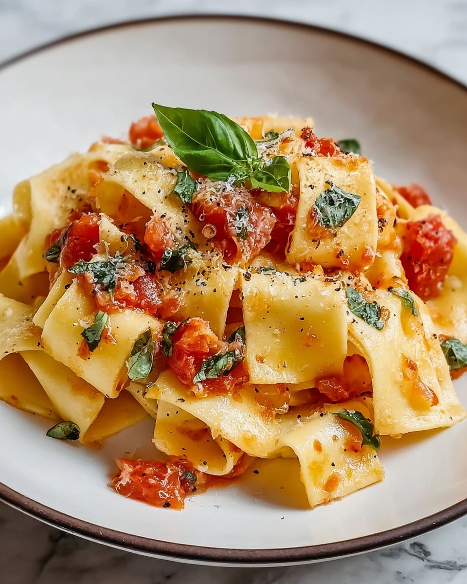 The dish shows a pile of wide, flat pasta noodles with a pale yellow color, layered in a loose pile on a white plate with a thin dark rim. The pasta is mixed with bright red chunks of tomato sauce that cling to and sit between the noodles. Scattered finely chopped green basil leaves add a fresh touch, with one whole basil leaf placed on top. A light sprinkle of grated cheese and cracked black pepper is spread over the pasta, adding a grainy texture and contrast. The background is a white marbled surface. photo taken with an iphone --ar 4:5 --v 7