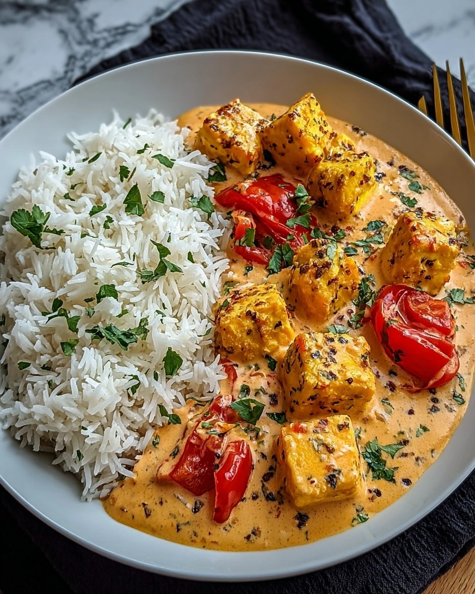 The image shows a white plate with two main layers of food side by side. On the left is a half-portion of white fluffy rice sprinkled with small green herb pieces. On the right is a creamy orange sauce with black specks covering several golden-yellow paneer cubes and a few bright red roasted bell pepper cubes scattered on top. Small green herb leaves are dotted over the sauce and cubes for garnish. The plate is set on a dark cloth over a white marbled texture. photo taken with an iphone --ar 4:5 --v 7