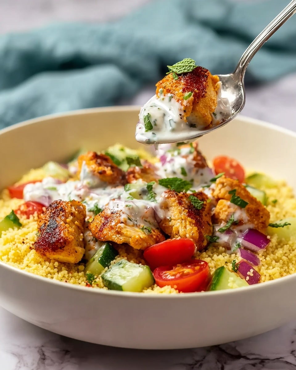 A shallow white bowl filled with a bed of yellow couscous covered with scattered pieces of green cucumber, red cherry tomato halves, and small bits of purple onion. On top, there are several chunks of golden-brown grilled chicken sprinkled with chopped green herbs. A silver spoon holds up a bite-sized piece of the grilled chicken covered with white creamy sauce and garnished with a small green herb leaf. The bowl is placed on a white marbled surface with a soft blue cloth blurred in the background. photo taken with an iphone --ar 4:5 --v 7
