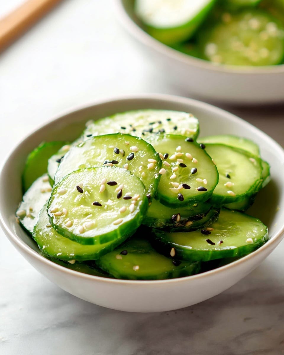 A white bowl filled with several layers of thinly sliced cucumber rounds, each slice fresh green with a glossy, wet texture. The cucumber slices are arranged in a loose pile, showing overlapping layers. Scattered on top and throughout the slices are small black and white sesame seeds, adding specks of contrast and texture. The bowl rests on a white marbled surface with a blurred second bowl in the background. photo taken with an iphone --ar 4:5 --v 7