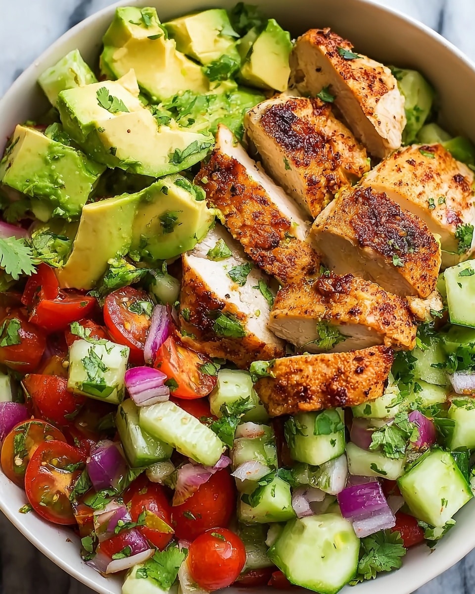 The image shows a white bowl filled with a fresh salad topped with grilled chicken pieces. The salad has three main layers: at the bottom are small chopped red tomato pieces and pale green cucumber chunks with some purple onion pieces mixed in. On top of the vegetables, there are large chunks of bright green avocado adding a creamy texture. The top layer has slices of cooked chicken breast with a golden brown grilled surface, some pieces cut to show the juicy white inside. Small green cilantro leaves are scattered over the dish. The bowl sits on a white marbled surface. Photo taken with an iphone --ar 4:5 --v 7