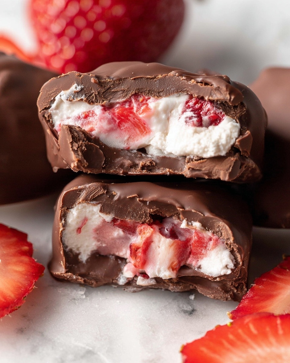 The image shows a close-up of chocolate-covered treats broken in half to reveal three layers: a smooth dark brown chocolate outer shell, an inner creamy white layer mixed with bright red strawberry pieces, and some fresh strawberry slices nearby. The background is a white marbled texture. The chocolate looks glossy and firm, while the filling appears soft and creamy with juicy strawberry bits inside. Photo taken with an iphone --ar 4:5 --v 7