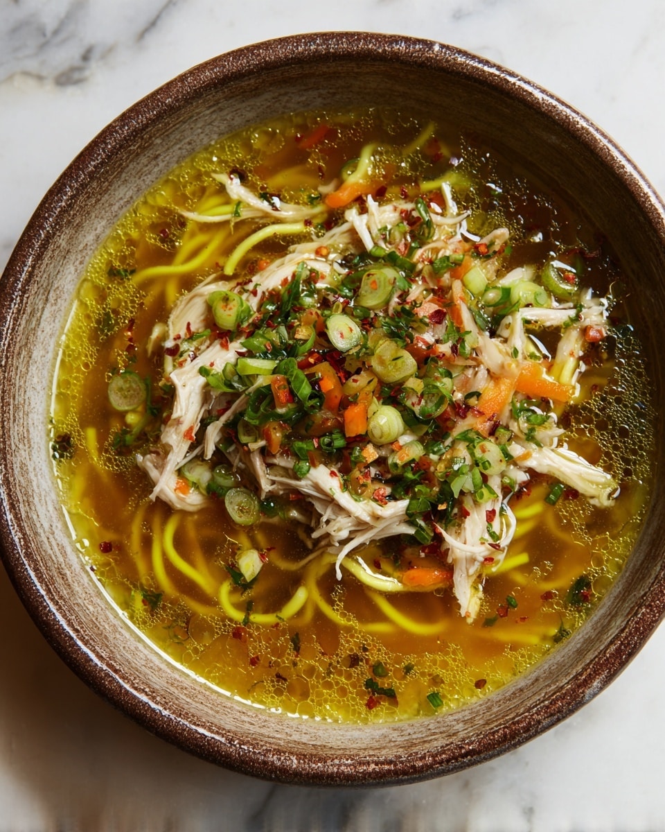 A rustic bowl with textured brown edges holds a soup with three clear layers: at the bottom are yellow noodles submerged in a golden broth with small oil bubbles; the middle layer features shredded white chicken scattered evenly; the top layer is garnished with chopped green herbs, green onion slices, small orange carrot cubes, and red chili flakes, all adding vibrant color and texture. The bowl is set on a white marbled surface. photo taken with an iphone --ar 4:5 --v 7