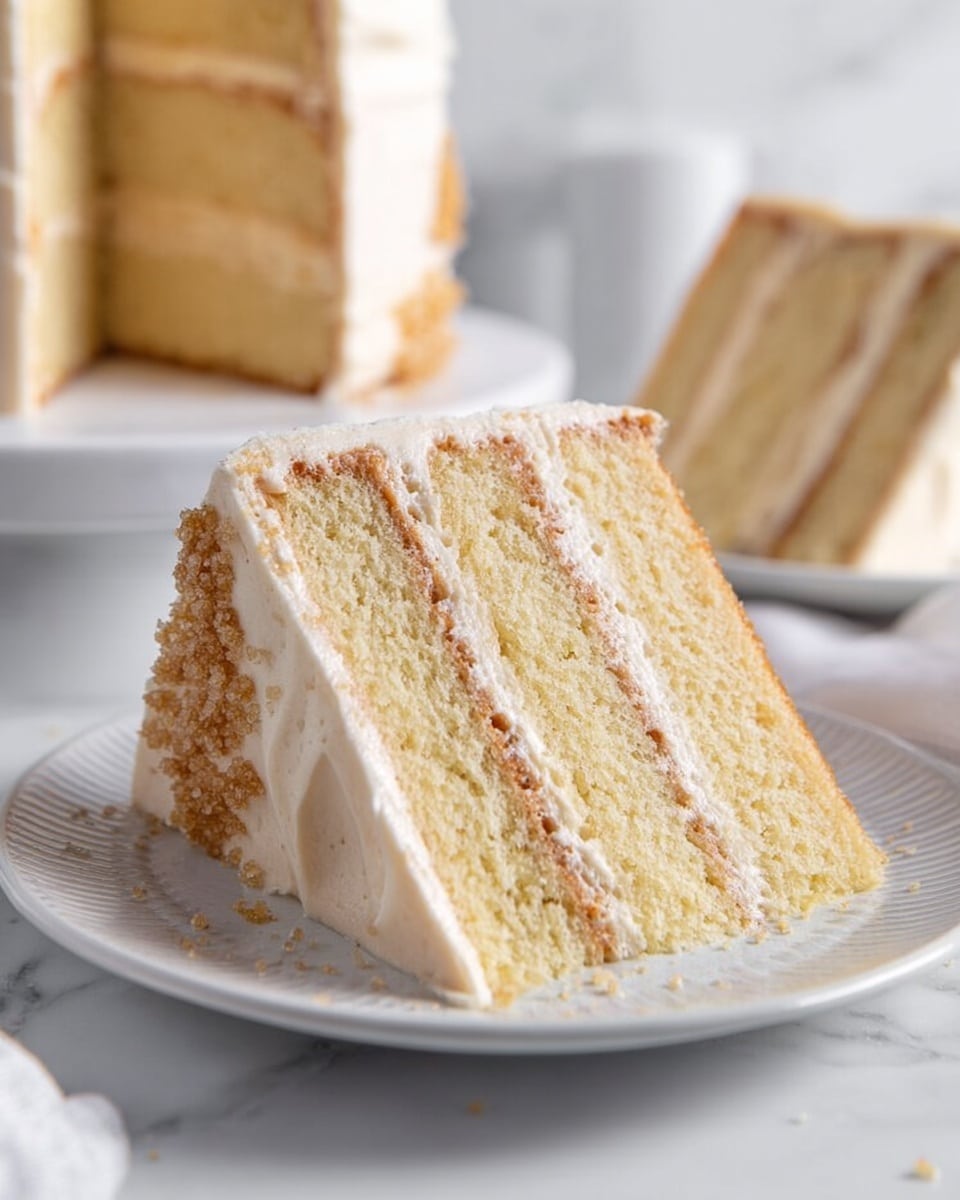 A slice of three-layer yellow cake with light beige frosting between each layer and all around the outside. The frosting has a smooth texture and there are coarse brown sugar crystals sprinkled on the left side of the cake slice. The cake sits on a white plate with a subtle pattern, placed on a white marbled surface with a soft focus on two more similar slices of cake in the background. Photo taken with an iphone --ar 4:5 --v 7
