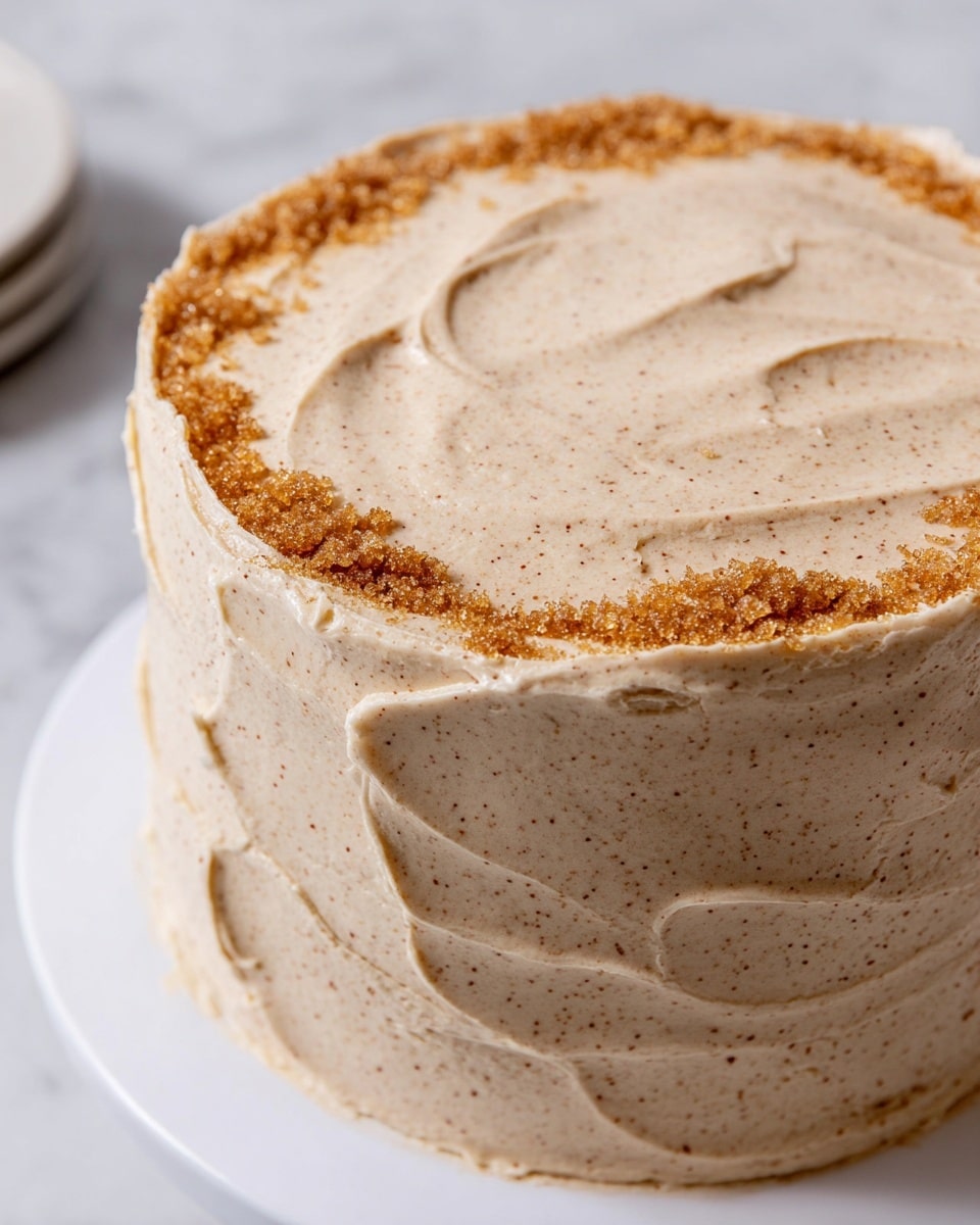 A close-up view of a round, two-layer cake covered in a light tan, creamy frosting with tiny specks throughout, giving it a textured look. The frosting is spread evenly but with visible swirls and soft ridges along the sides and top, adding a rustic feel. On the top surface, golden brown sugar crystals are sprinkled in a loose ring near the edge, providing a sparkling contrast to the smooth frosting. The cake sits on a white plate that rests on a white marbled surface. photo taken with an iphone --ar 4:5 --v 7