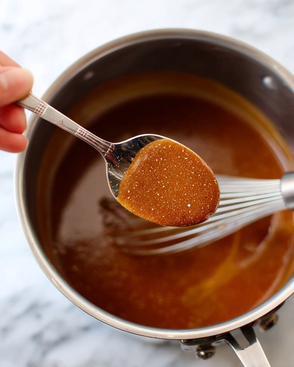 A close-up image showing a shiny silver spoon holding thick, smooth brown sauce speckled with tiny spices, held by a woman's hand over a silver pot filled with more of the same rich brown sauce, with the pot sitting on a white marbled surface; a metal whisk is partially visible inside the pot in the background. photo taken with an iphone --ar 4:5 --v 7