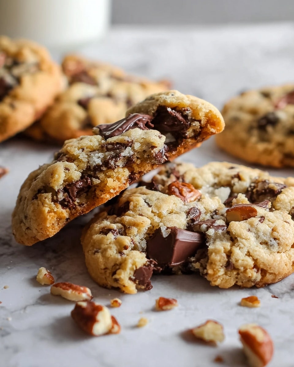 The image shows a close-up of several chunky chocolate chip cookies placed on a white marbled surface. One cookie is broken in half and positioned on top of a whole cookie, revealing a soft, chewy inside with large dark brown chocolate chunks and bits of pecans spread throughout the light golden-brown cookie dough. Crumbs and small pieces of nuts are scattered around the cookies, adding texture and detail to the scene. The background is softly blurred, focusing attention fully on the cookies. Photo taken with an iphone --ar 4:5 --v 7