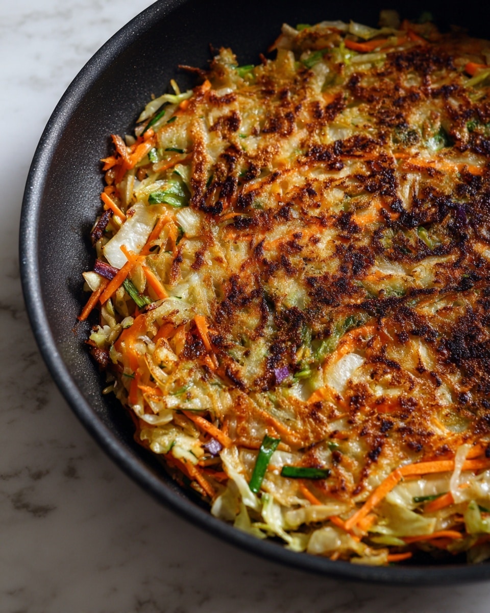 A close-up view of a crispy vegetable pancake cooking in a black pan, featuring a single layer made up of thin strips of green onion, orange carrot, and pale yellow cabbage, all mixed in a golden-brown batter that has a slightly oily texture and a crunchy, grilled surface with some browned edges. The vegetables add a mix of green, orange, and white colors with slight charring, creating a visually detailed and textured look. The background is a white marbled texture. photo taken with an iphone --ar 4:5 --v 7