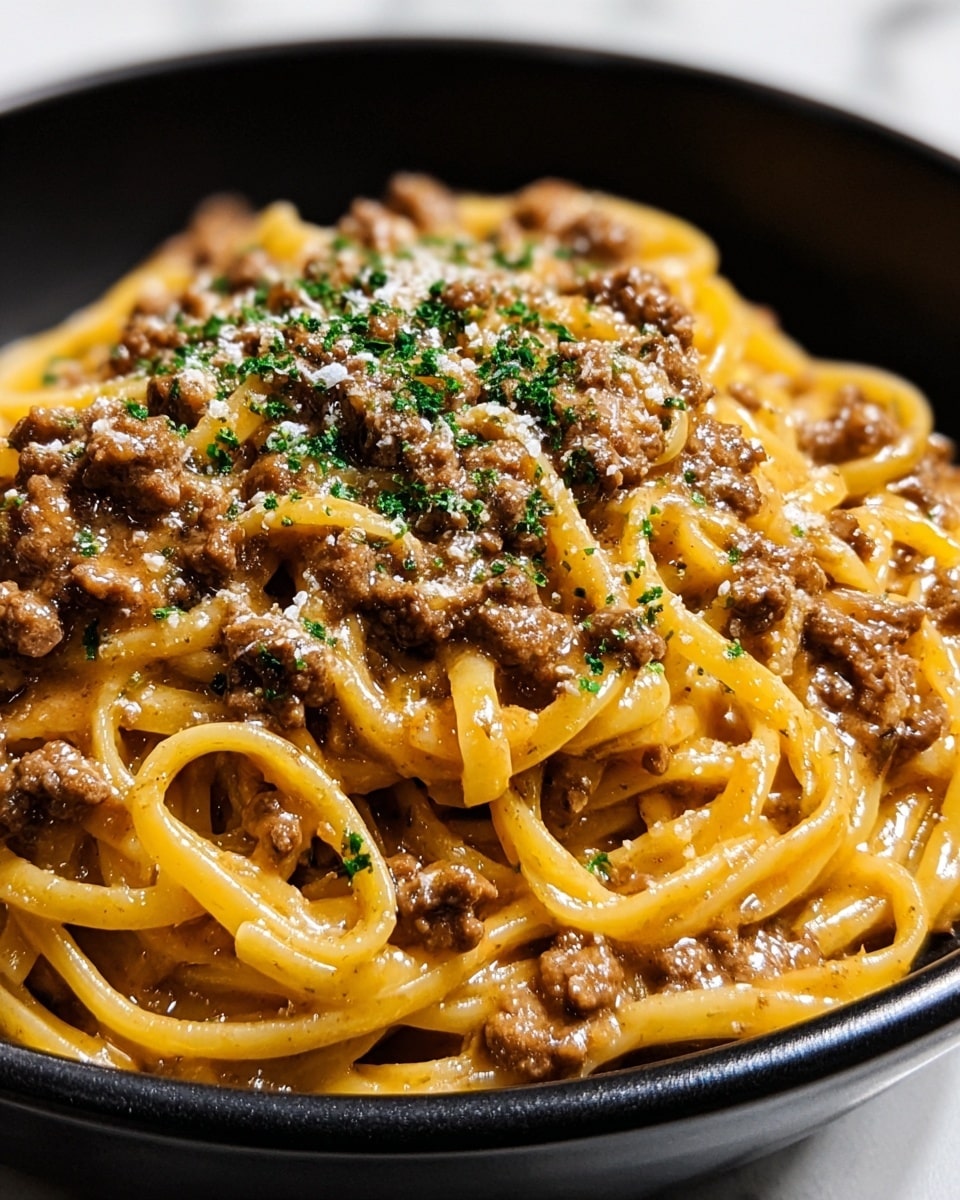A close-up image of creamy pasta with ground meat sauce in a black bowl. The dish has one main layer of thick yellow noodles coated well in a rich, glossy light brown sauce mixed with small pieces of browned ground meat. The top is sprinkled with finely chopped green herbs and a light dusting of grated cheese, creating a slightly textured look. The bowl sits on a white marbled surface, with the sauce visibly clinging to the noodles, giving a smooth and rich appearance. Photo taken with an iphone --ar 4:5 --v 7