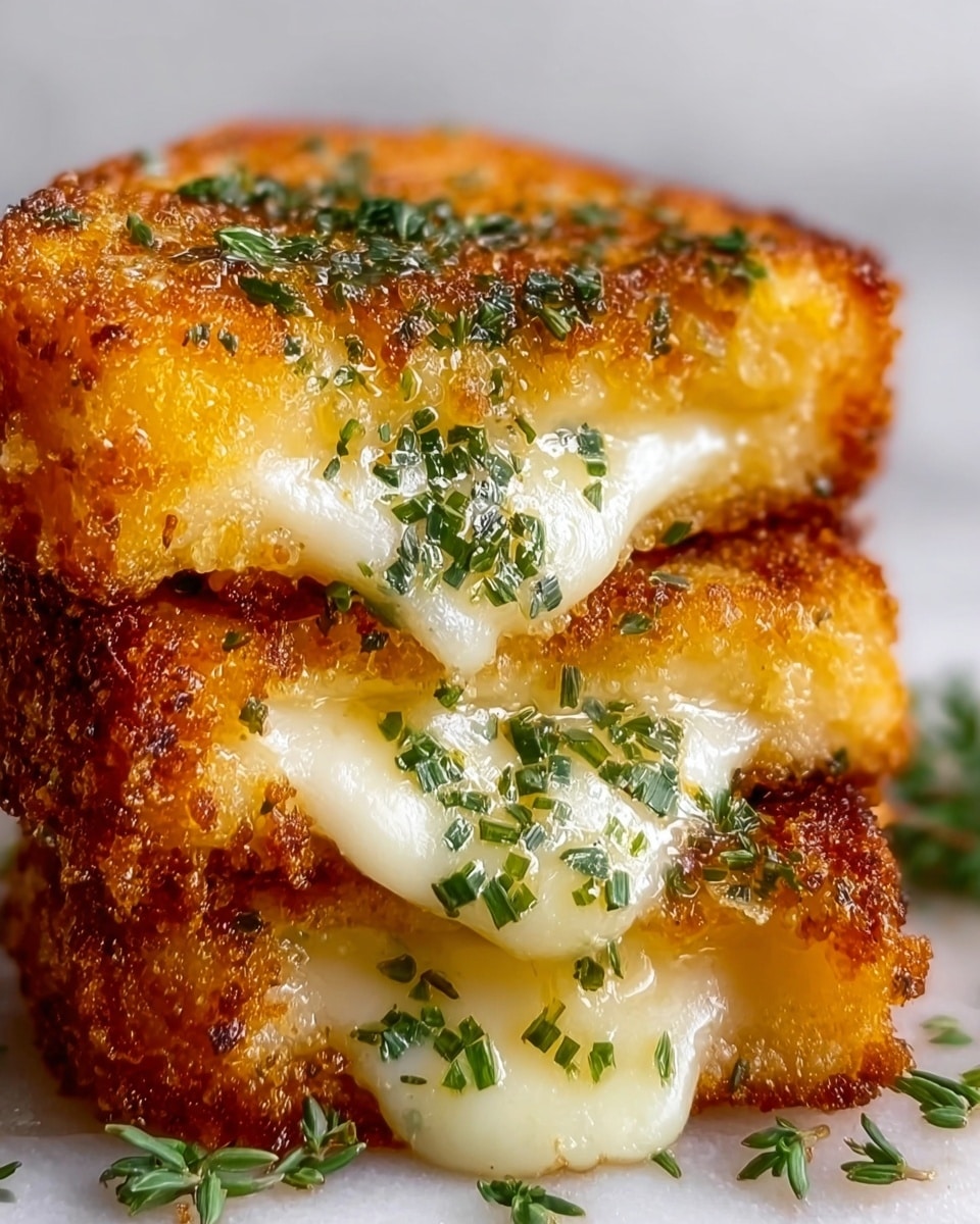 The image shows a close-up of three layers of crispy, golden-brown fried cheese slices stacked on each other. Each layer has a crunchy textured crust with a rich yellow-brown color, speckled with small bits of green herbs on top. Between the crunchy layers, the melted cheese inside is white and creamy, slightly oozing out with a shiny, smooth surface. The dish is placed on a white marbled surface, emphasizing the warm, crispy texture and gooey cheese layers. photo taken with an iphone --ar 4:5 --v 7