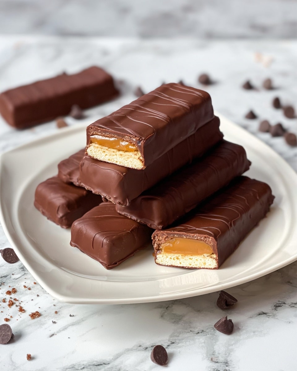 The image shows six chocolate-covered rectangular bars arranged on a white plate with curved edges. Five bars are whole, dark brown with a smooth texture and light wavy lines on top, while one bar is cut in half and placed on top of the pile, exposing two inside layers: a thick, glossy golden caramel layer on top of a pale, crumbly biscuit base. The plate sits on a white marbled surface scattered with small chocolate chips. The background is simple and blurred, highlighting the chocolate bars. Photo taken with an iphone --ar 4:5 --v 7