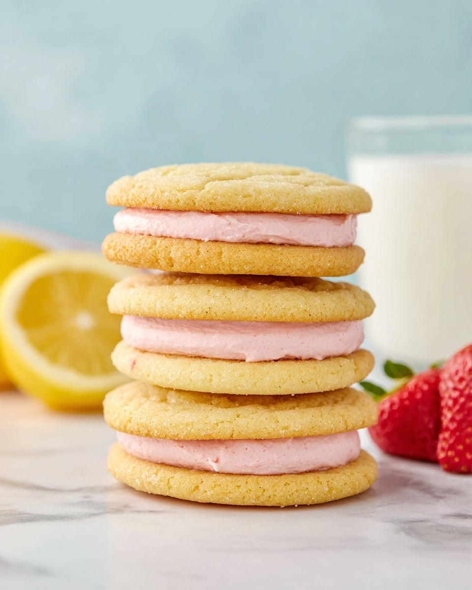 A stack of four sandwich cookies is shown, each sandwich made of two soft, light golden-yellow cookies with a thick layer of pale pink creamy filling in the middle, lightly textured and smooth. The cookies have a slightly cracked surface and are evenly layered, stacking directly on top of each other. To the left, part of a bright yellow lemon half and a red strawberry are visible, with a glass of white milk blurred in the background. The whole scene is placed on a white marbled texture surface with soft pastel blue background, giving a fresh and light feel. photo taken with an iphone --ar 4:5 --v 7
