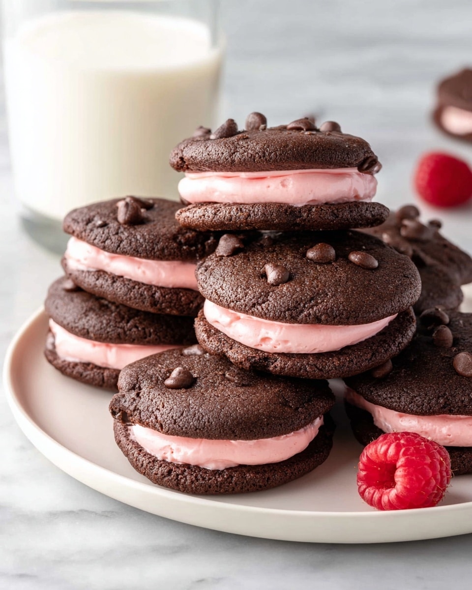 A plate of dark brown chocolate sandwich cookies with a smooth light pink cream filling sandwiched in the middle, each cookie topped with small chocolate chips, stacked in a slightly messy pile on a white plate. The cookies have a soft, slightly cracked surface showing texture, while the pink filling is thick and creamy, evenly spread between the two cookie layers. In the background, there is a clear glass filled with milk and two fresh red raspberries resting on the white marbled surface near the plate. photo taken with an iphone --ar 4:5 --v 7