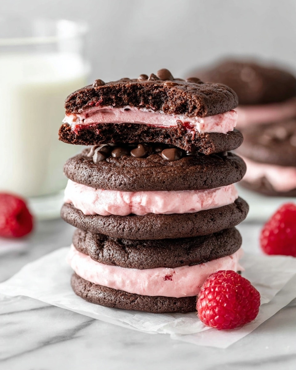 A stack of three dark chocolate cookies with chocolate chips is shown on a white marbled surface. Each cookie sandwich has a thick, smooth layer of pink cream filling in the middle, with the top cookie of the stack partially bitten to reveal the creamy filling texture inside. A few fresh raspberries sit to the side near the base of the stack, and a glass of milk is visible in the background on the left. The cookies are presented on a small piece of white parchment paper. Photo taken with an iphone --ar 4:5 --v 7