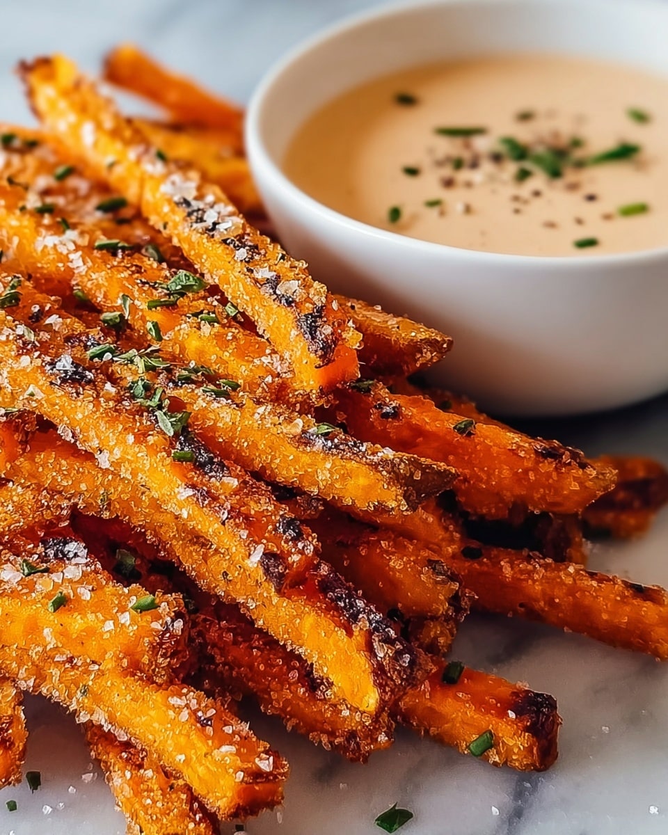 A close-up view of crispy, golden-orange sweet potato fries stacked in a pile with a slightly charred, crunchy texture on the edges, sprinkled with small bits of coarse salt and chopped green herbs scattered evenly on top; to the side, a white bowl filled with creamy, light beige dipping sauce topped with a few scattered green herbs and light black pepper flakes, all placed on a white marbled surface. photo taken with an iphone --ar 4:5 --v 7
