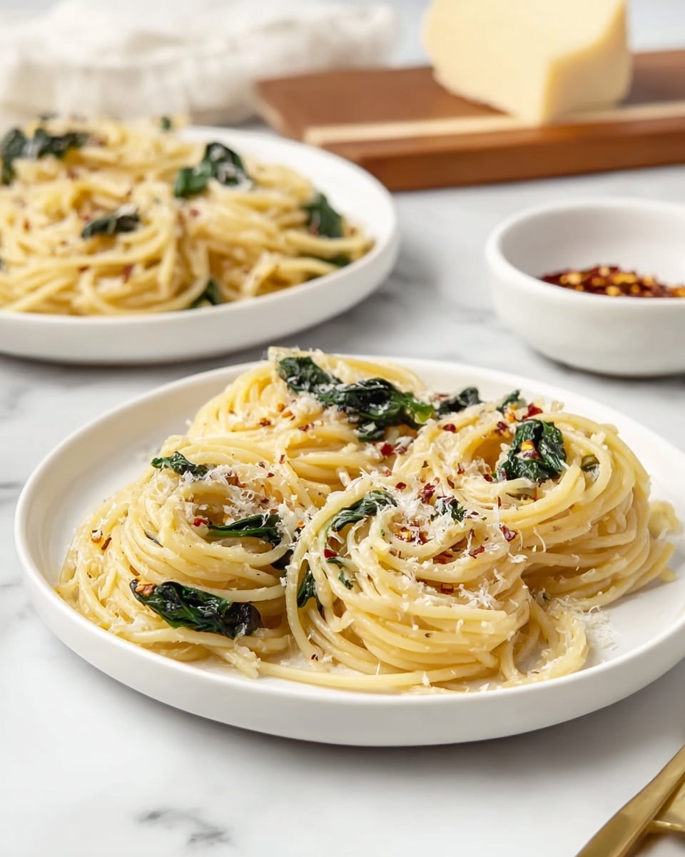 A white plate holds a serving of spaghetti pasta, arranged in small nests, coated lightly with oil giving a shiny pale yellow color; scattered throughout the noodles are dark green leafy spinach pieces adding contrast and texture. The pasta is topped with a light sprinkling of grated white cheese and tiny red chili flakes, adding fine texture and color spots across the dish. In the background, another white plate with a similar portion of spaghetti is visible, along with a white bowl holding more red chili flakes and a block of cheese on a wooden board, all set on a white marbled textured surface. Photo taken with an iphone --ar 4:5 --v 7