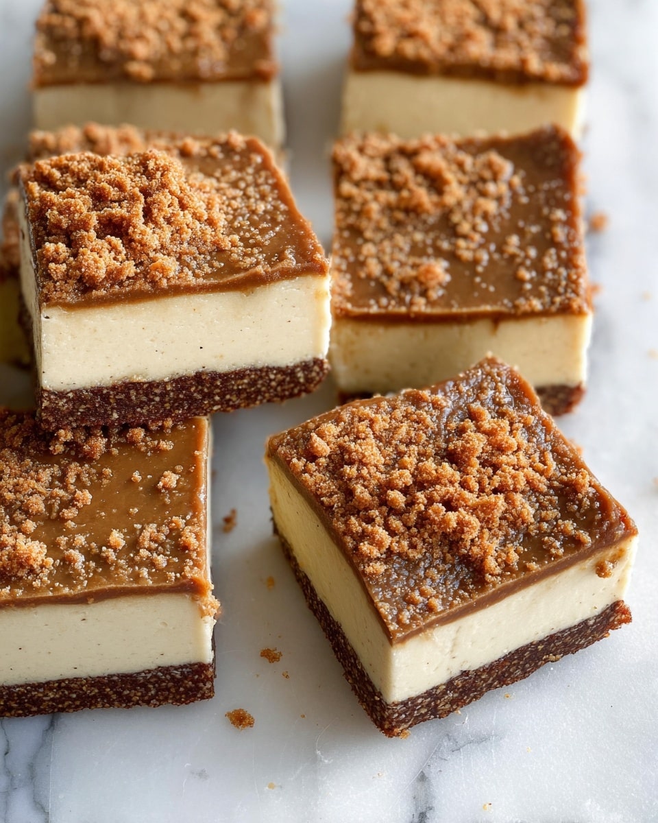 The image shows a close-up of seven square dessert bars arranged on a white marbled surface. Each bar has three layers: a bottom dark brown crumbly crust, a thick middle cream-colored smooth layer, and a top medium brown layer with a glossy, slightly textured finish. Crushed crumbs of the same color as the crust are sprinkled unevenly over the top layer, adding a rough texture. Two bars are slightly separated from the group, with their side profile visible, showing the clear and even layers. photo taken with an iphone --ar 4:5 --v 7