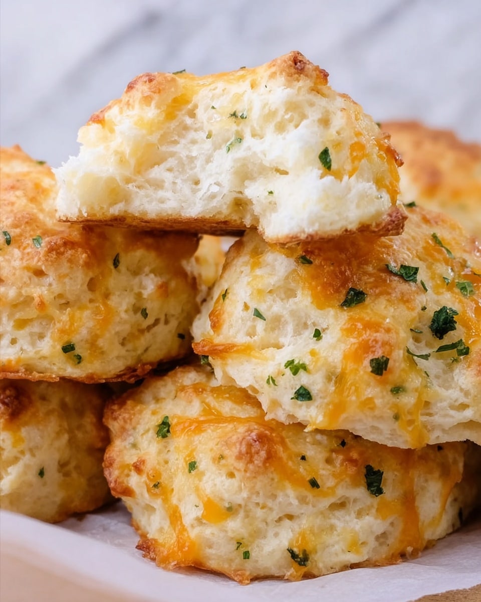 A close-up image of golden baked cheesy biscuits stacked together, with the top biscuit broken open to show a soft, fluffy white inside. The outer layer is golden brown with melted cheese and small green parsley bits sprinkled on top, giving a slightly crispy texture. The biscuits have a rough, uneven surface with visible layers of dough and cheese. The background is a white marbled texture with a white paper underneath the biscuits visible at the edges. photo taken with an iphone --ar 4:5 --v 7