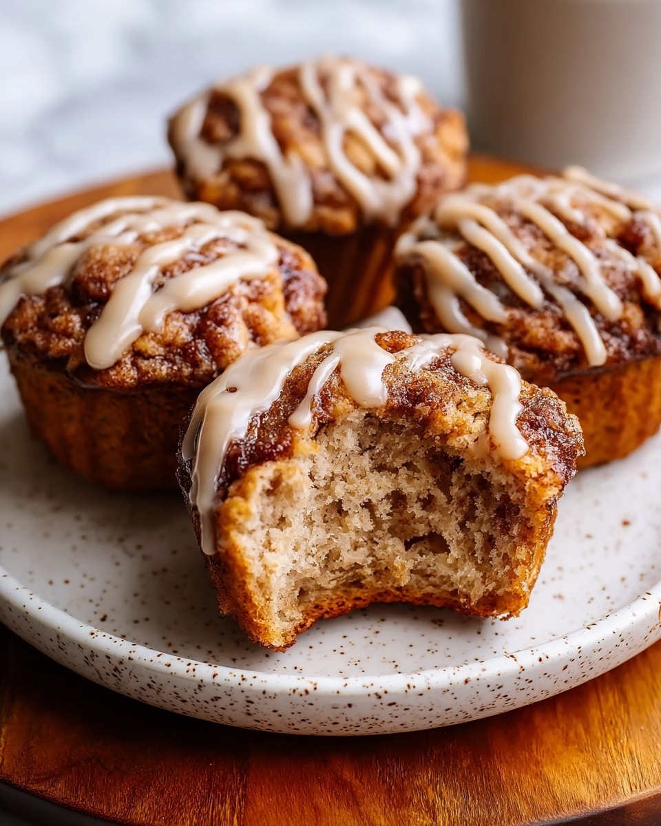 Four cinnamon muffins are shown on a white plate with a speckled design, set on a wooden surface with a white marbled texture. Each muffin has a rough, crumbled top layer with a dark brown cinnamon color and is drizzled with thick, light tan glaze in wavy lines. One muffin in the front has a big bite taken out, revealing a soft, moist, light beige inside with a crumbly texture. The muffins are arranged in a close cluster with the bitten one at the front and the other three slightly blurred in the background. Photo taken with an iphone --ar 4:5 --v 7