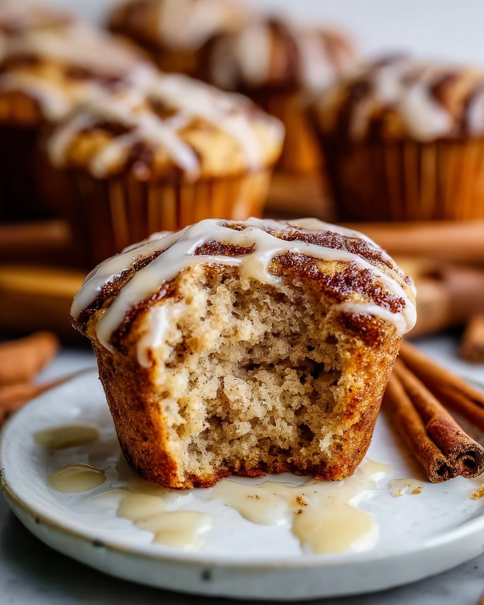 A close-up image shows a cinnamon muffin with one big bite taken out of the front, revealing its light, moist, and crumbly beige inside. The muffin has a golden-brown crust with swirls of dark cinnamon on top and sides, and it is drizzled with creamy white icing in stripes across the top. The muffin sits on a white plate with some glaze droplets on it, and in the background, there are several more similar muffins blurred out on a white marbled surface, along with some cinnamon sticks. Photo taken with an iphone --ar 4:5 --v 7