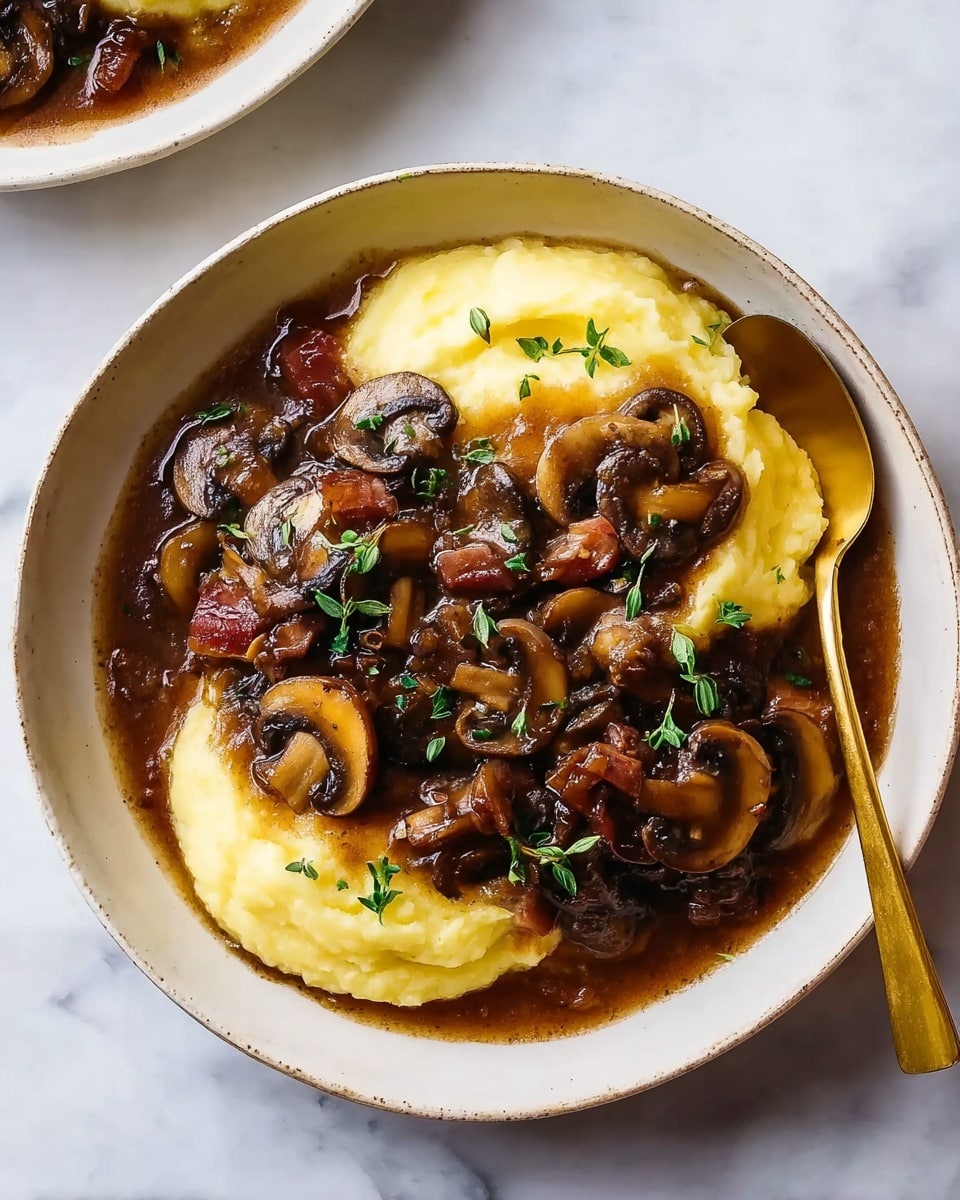 A white bowl holds a dish with two main layers; the bottom layer is a creamy yellow mashed potato base, soft and smooth, shaped into two mounds. The top layer is a rich, dark brown mushroom and bacon stew, full of sautéed mushroom slices and bacon pieces in a thick sauce, garnished with small green herb leaves. The bowl sits on a white marbled surface, and a shiny gold spoon rests on the right side. Photo taken with an iphone --ar 4:5 --v 7