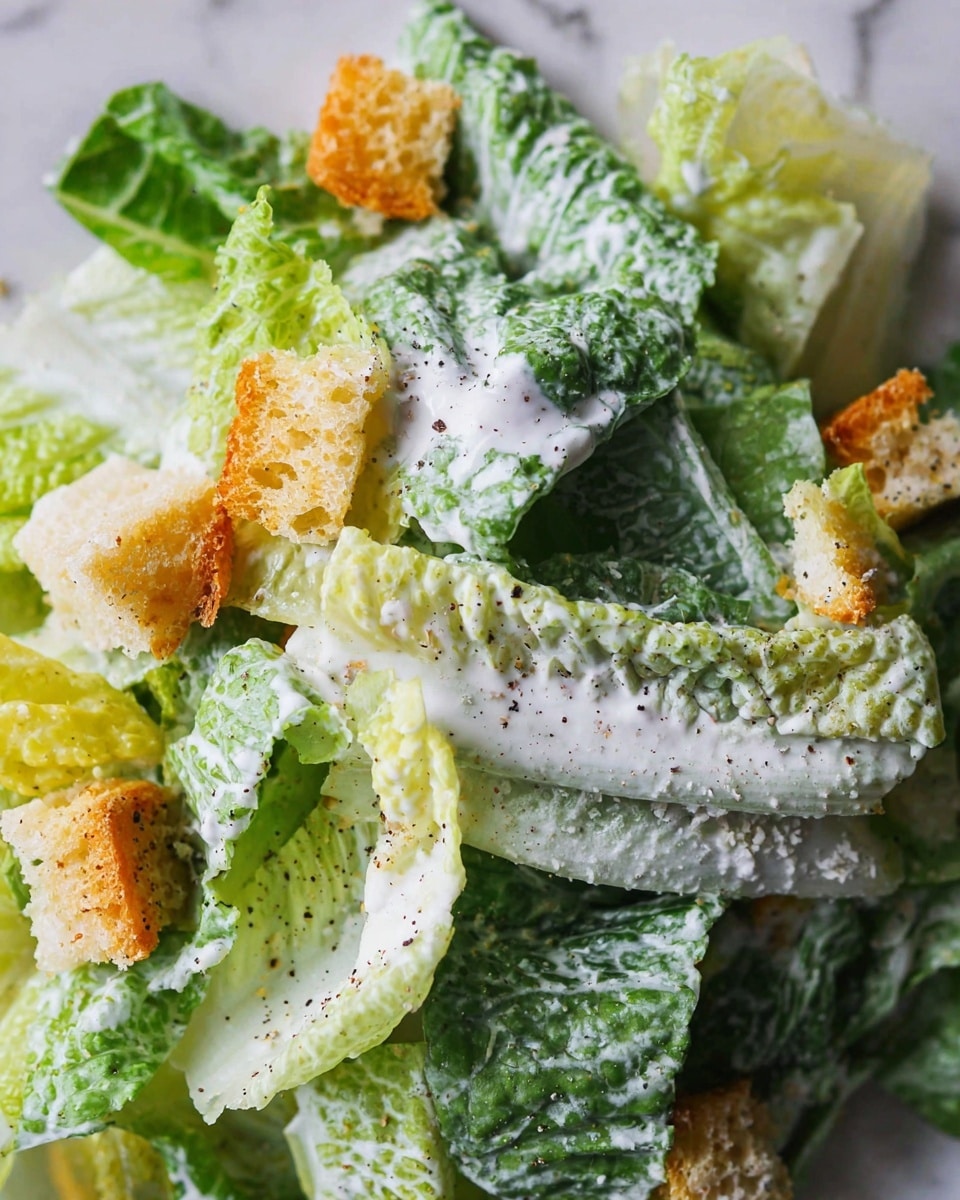 This close-up image shows a fresh Caesar salad with about three layers: the bottom layer is light green romaine lettuce leaves with a crisp texture, the middle layer is thick creamy white Caesar dressing spread unevenly over the leaves, and the top layer is shredded pale yellow Parmesan cheese and golden-brown croutons scattered on top. The lettuce shows natural veins and a mix of lighter and darker greens. Some black pepper specks are visible on the dressing. The salad rests on a white marbled texture. photo taken with an iphone --ar 4:5 --v 7