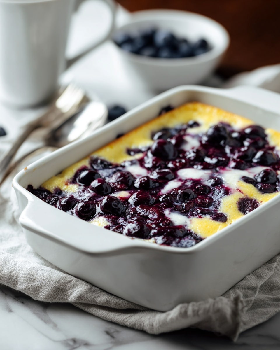The image shows a white rectangular baking dish filled with a baked dessert that has two main layers. The bottom layer is golden yellow with a soft, smooth texture, and the top layer consists of dark purple blueberries, some of which are whole while others are slightly crushed, spreading their juice over the surface. There are patches of creamy white spots melted into the yellow layer, again partially mixed with the blueberries. The baking dish sits on a white marbled surface with a silver spoon and fork resting on a light cloth beside it. In the background, a white cup and a white bowl with more blueberries are slightly blurred. photo taken with an iphone --ar 4:5 --v 7