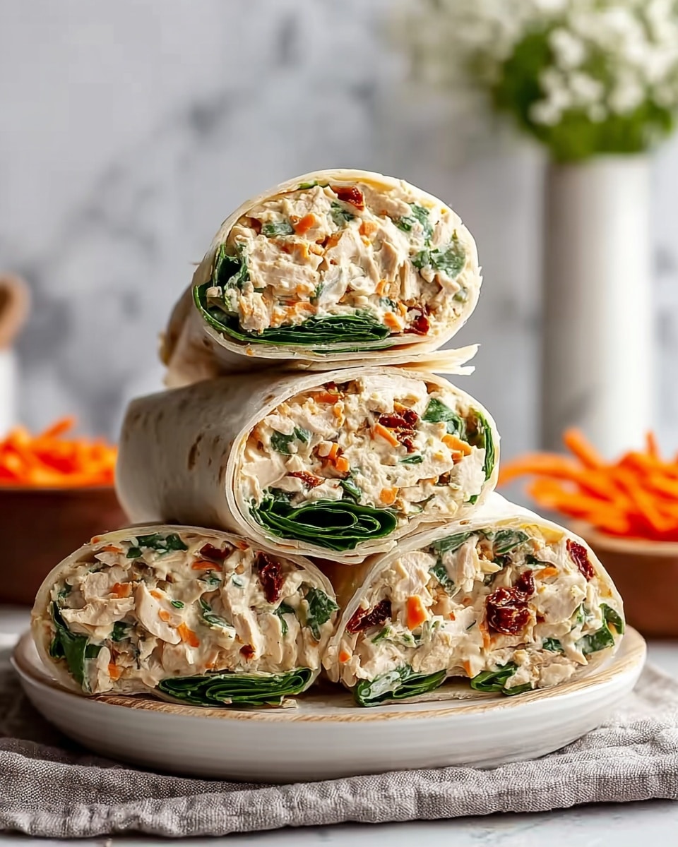 The image shows a stack of four chicken salad wraps on a round white plate with a light gray cloth underneath. Each wrap is cut in half, revealing three layers inside: a soft white tortilla on the outside, a layer of fresh green leafy spinach just inside, and a thick creamy chicken salad filling mixed with small bits of orange carrot and dark red sun-dried tomatoes, all with a slightly chunky texture. The wraps are arranged in a pyramid shape with three on the bottom and one on top. The background includes a white marbled texture surface and blurred elements like a white vase with small white flowers and a bowl of shredded orange carrots. Photo taken with an iphone --ar 4:5 --v 7