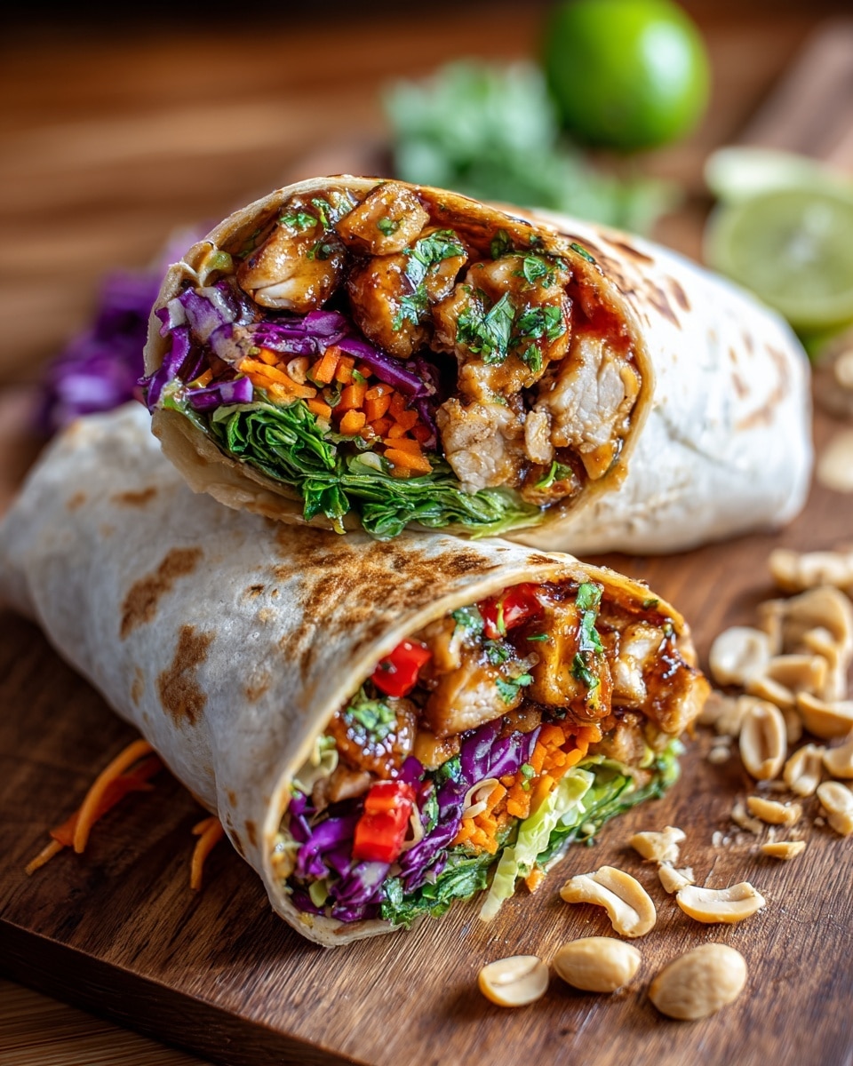 A white tortilla wrap cut in half, revealing three main layers of fillings: the bottom layer is fresh green lettuce and purple cabbage, the middle layer contains shredded orange carrots and small red pepper pieces, and the top layer is grilled chicken chunks coated in a glossy brown sauce with a sprinkle of fresh green herbs, all packed tightly inside the wrap. The wrap's surface is lightly toasted with spots of golden brown. The two halves rest on a wooden board with scattered crushed nuts and a blurred lime wedge in the background. The image is close-up and bright, capturing texture and vibrant colors. photo taken with an iphone --ar 4:5 --v 7