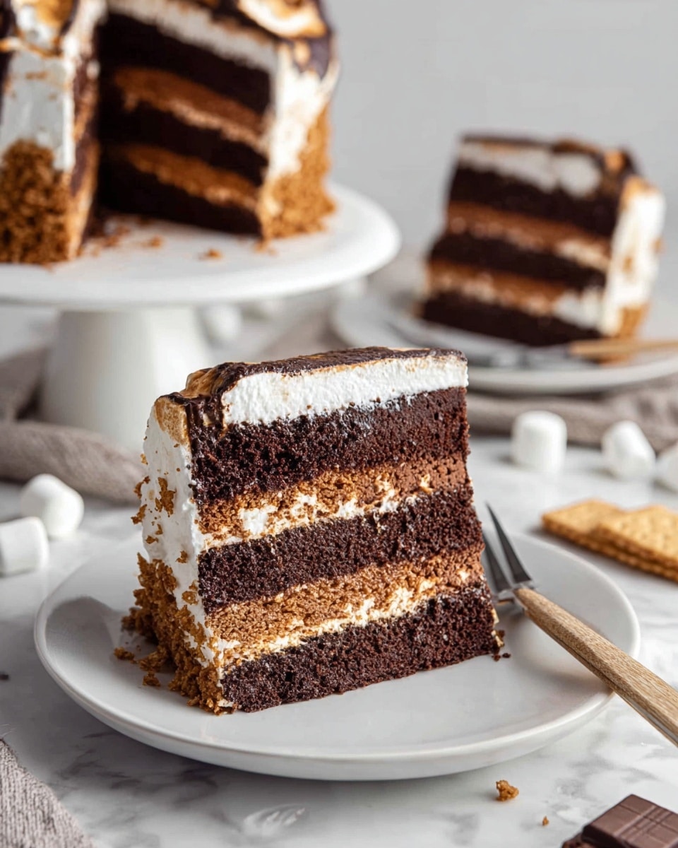 A slice of layered cake sits on a white plate placed on a white marbled surface. The cake has five layers: three dark brown chocolate layers in the 1st, 3rd, and 5th positions with a rich texture, and two lighter brown, crispy layers in the 2nd and 4th positions. Between each layer, there is a thick spread of fluffy white cream. The cake’s outer edge is coated with a crumbly light brown crust. In the background, another slice with the same layers rests on a white plate, with a portion of the cake on a white cake stand. Scattered around are white marshmallows, pieces of chocolate, a fork with a wooden handle, and a graham cracker. Photo taken with an iphone --ar 4:5 --v 7