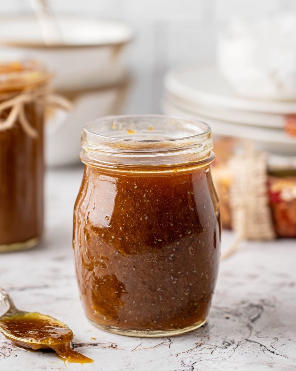 A clear glass jar filled with a thick, brown jam with a slightly uneven texture and tiny visible seeds inside, showing some sticky residue near the jar's opening. The jar sits on a rustic white marbled surface, next to a spoon coated with the same jam. The background is softly blurred with white jars and plates, and another partly visible jam jar tied with twine. photo taken with an iphone --ar 4:5 --v 7