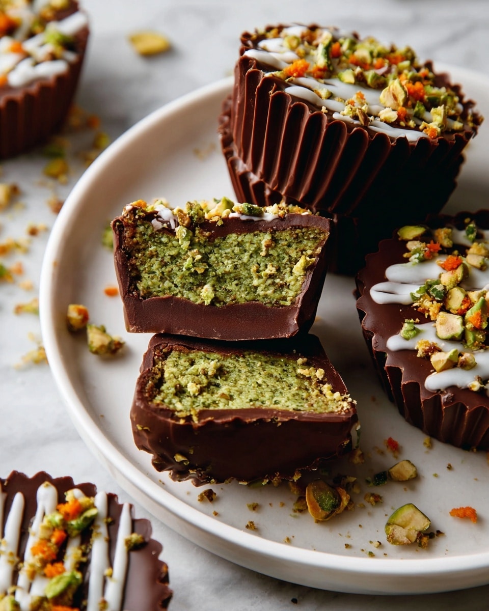 The image shows several chocolate cups on a white plate, with two of them cut in half to reveal their green nutty filling inside. Each cup has three layers: a thin, smooth outer dark chocolate shell with ridged sides, a thick layer of green textured filling inside, and a topping of white drizzle with small chopped nut pieces in green and orange colors scattered on top. The green filling looks crumbly and nutty, contrasting with the glossy chocolate shell. The scene rests on a white marbled surface with some small crumbs and pieces around the plate. Photo taken with an iphone --ar 4:5 --v 7
