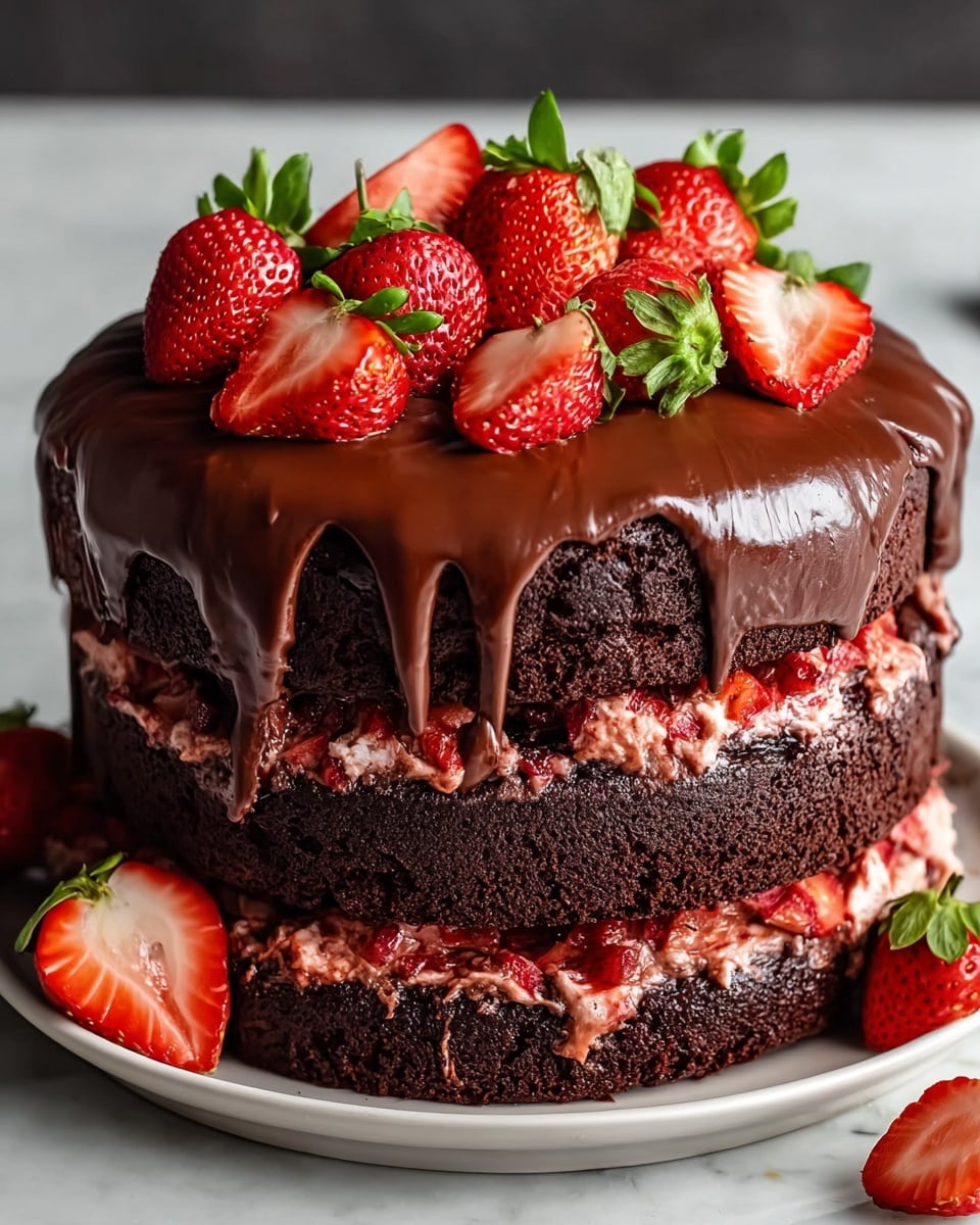 A rich chocolate cake with three layers is shown, each layer dark brown and moist. Between the layers is a thick spread of chocolate frosting mixed with chopped red strawberries. The top layer is covered with a shiny, smooth chocolate glaze that drips down the sides. On top of the cake, there are whole fresh strawberries with green leaves, some cut in half with their red inside showing. The cake sits on a simple white plate, placed on a white marbled texture. photo taken with an iphone --ar 4:5 --v 7