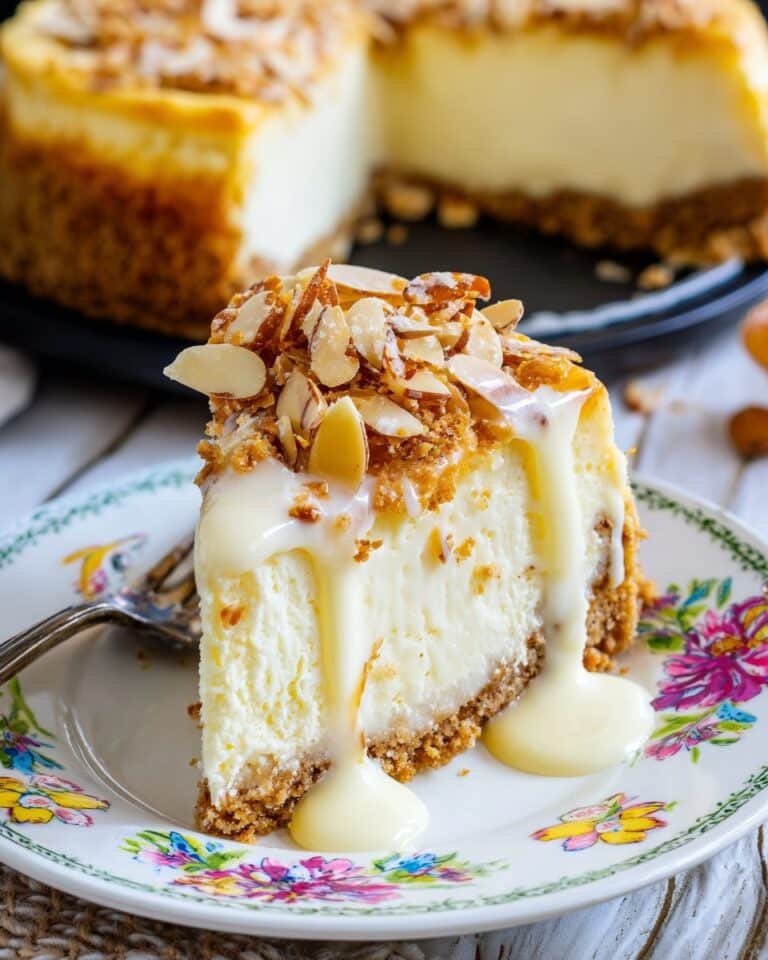 Amaretto Cheesecake With Sliced Almond Topping and Cream Sauce Recipe