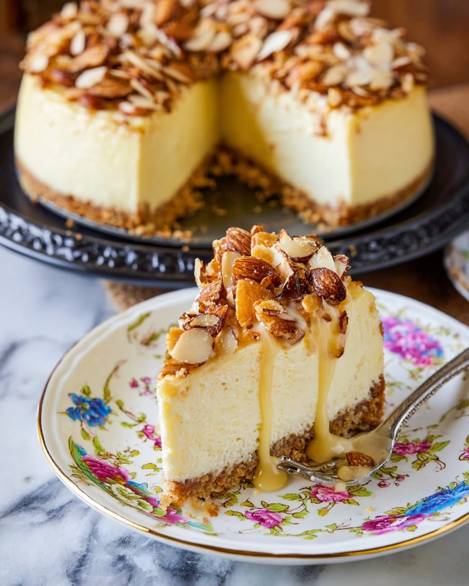 A slice of creamy pale yellow cheesecake sits on a white plate decorated with colorful floral patterns and a gold rim, topped with a generous layer of toasted almond slices that are golden brown with some darker edges, and a light drizzle of a creamy sauce that slightly drips down the side. The cheesecake slice has three visible layers: a crumbly light brown crust at the bottom, a thick smooth pale yellow creamy middle, and the toasted almond topping. In the background, the full cheesecake is shown with one slice removed, resting on a black cake stand on a white marbled surface. Photo taken with an iphone --ar 4:5 --v 7